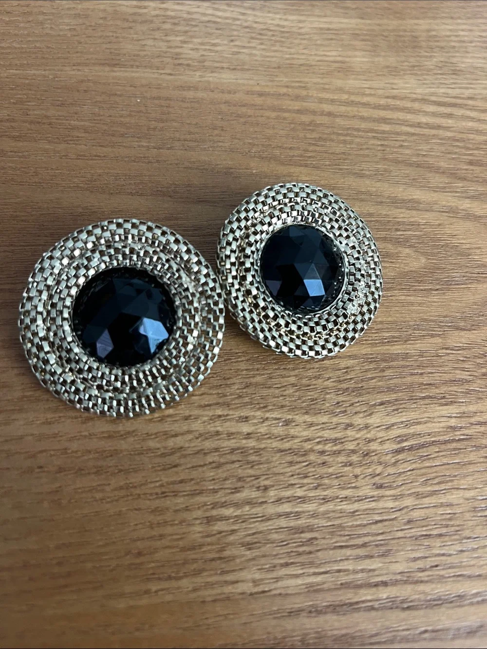 Gold Round Stud Earrings with Black Gemstone Inlay
